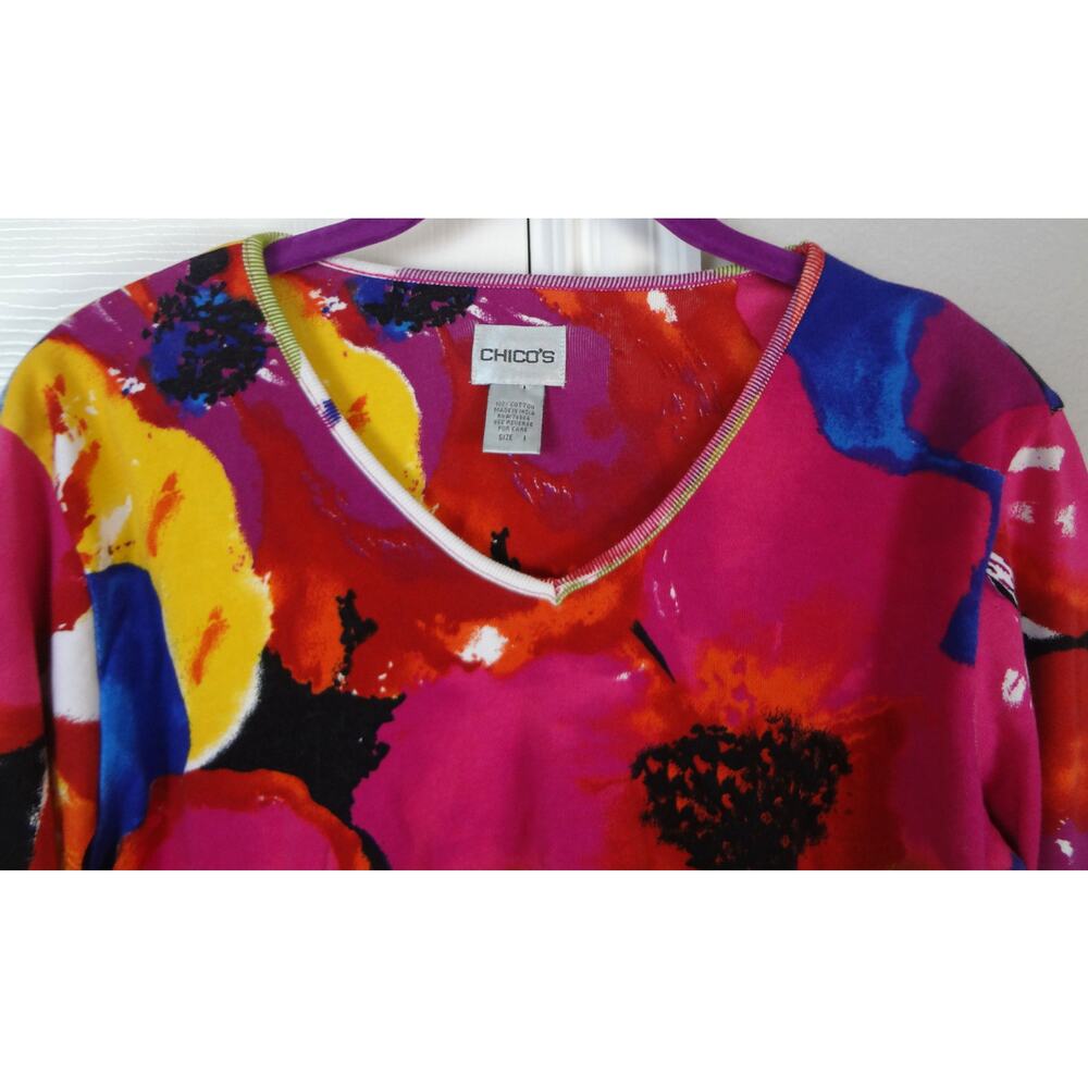 Vintage 90s Y2K Chicos 1 Floral Top 3/4 Sleeve COTTON Medium Pink Whimsical - Picture 2 of 6